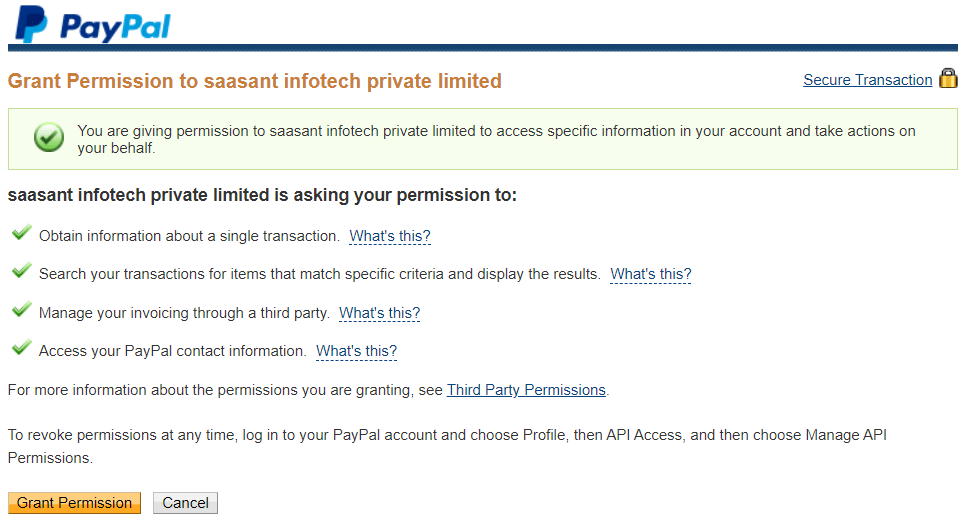 Granting Access from PayPal to Access Data - Quickbooks PayPal Integration